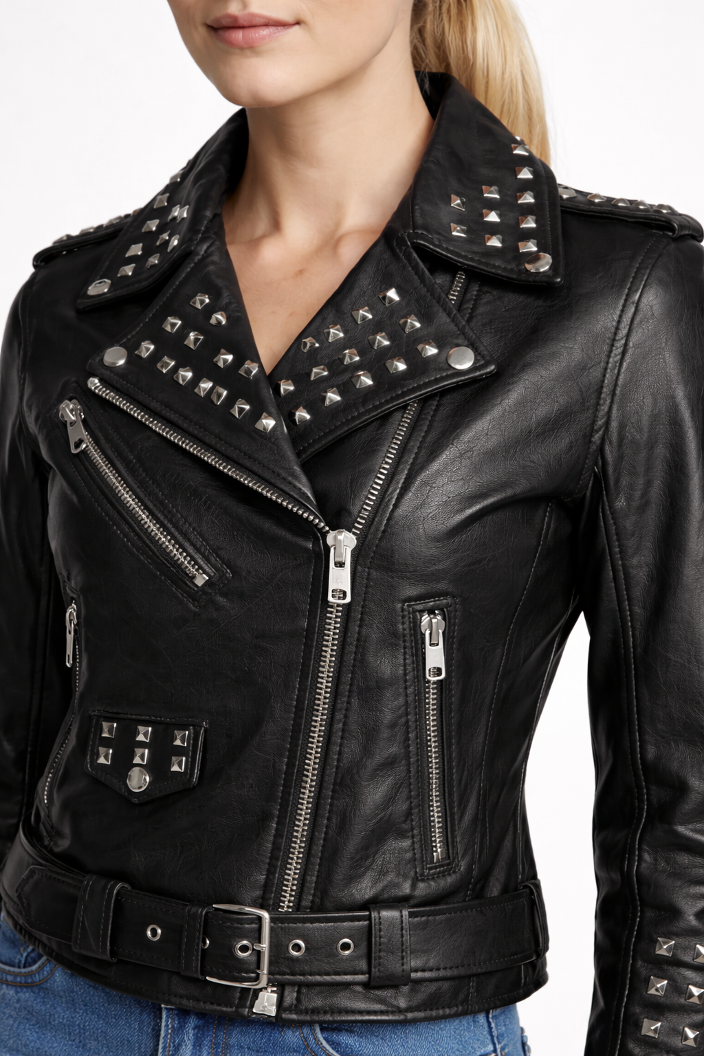 Women's Black Genuine Leather Studded Brando Biker Jacket with Belt - Luxurena Leather
