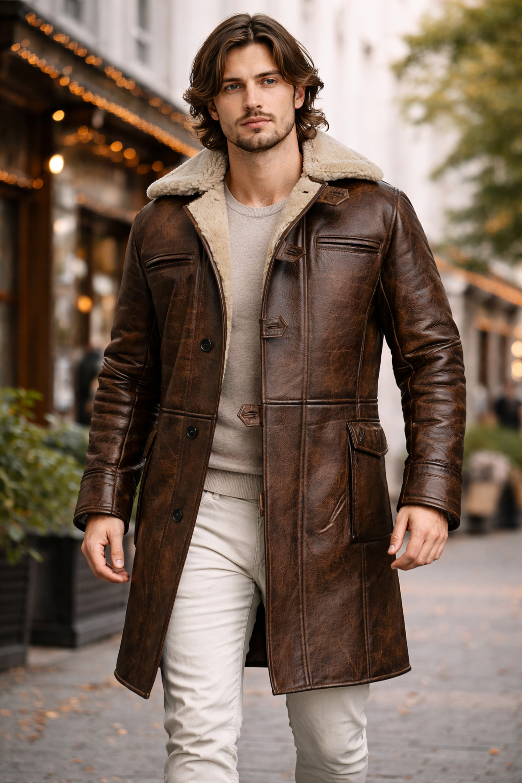 Men's Brown Genuine Leather Bane Trench Coat - Faux Fur Lined Dark Knight Inspired Long Coat - Luxurena Leather