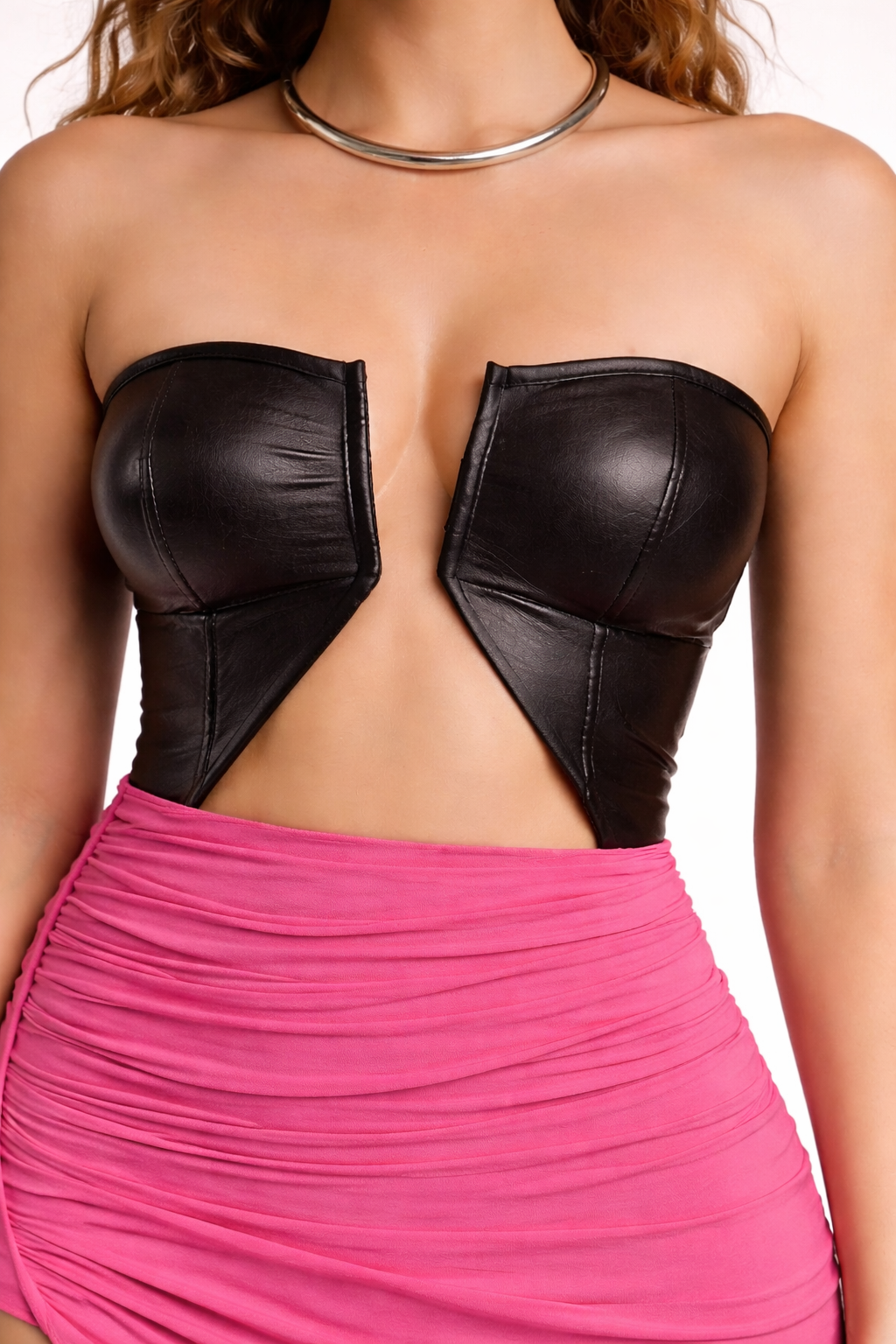 Women's Black Genuine Leather Strapless Cut-Out Corset Top