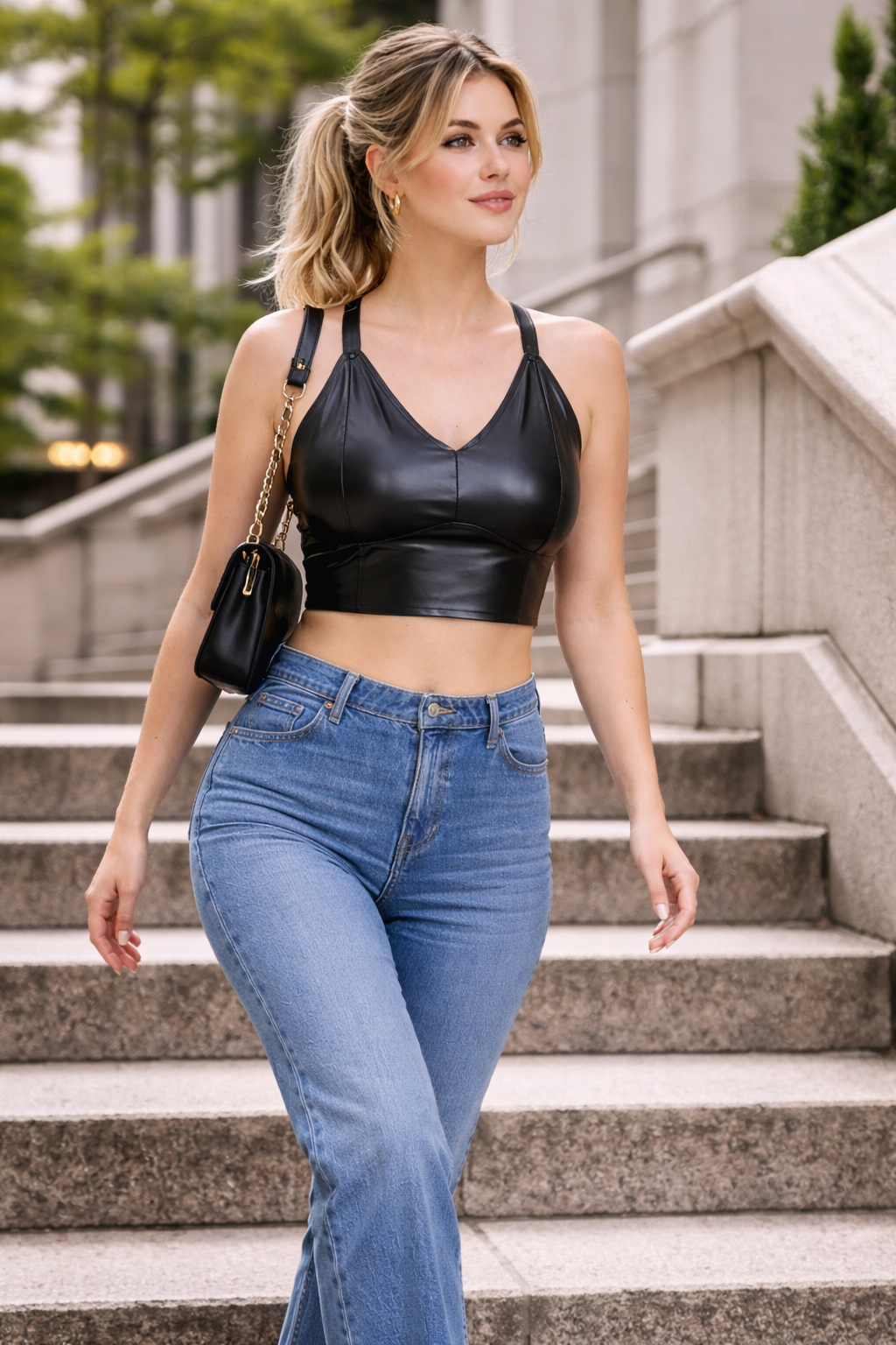 Women's Black Genuine Leather Cross Strap Longline Top - Premium Fit & Sculpted Design