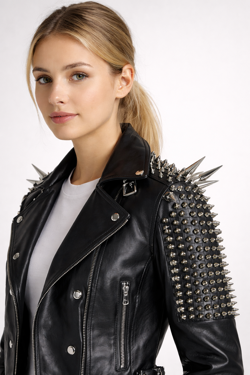 Women's Black Genuine Leather Spike Studded Cropped Jacket - Punk Style Clubwear