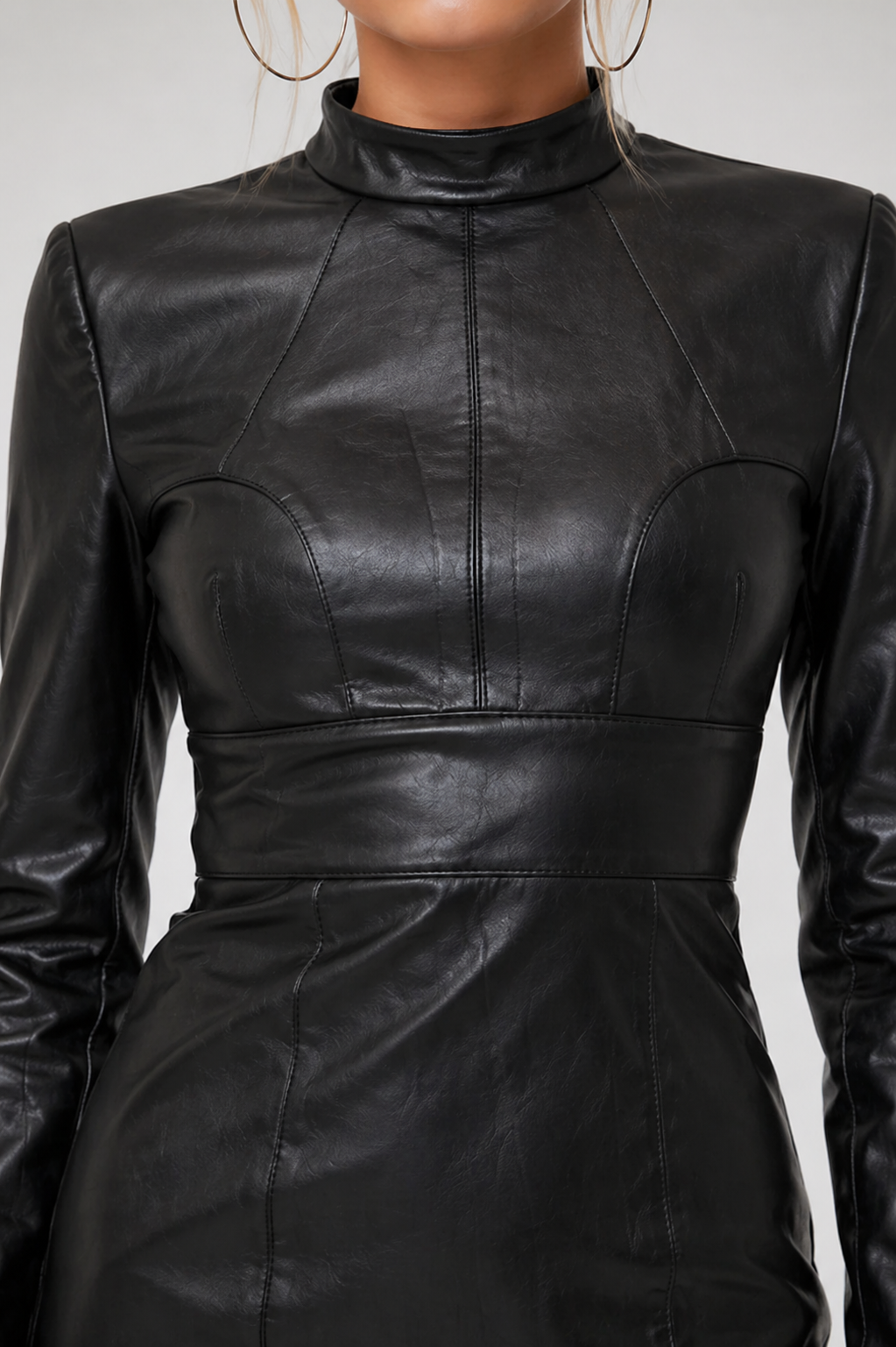 Women's Black Genuine Leather Backless Cut-Out Dress - High Neck Bodycon Fit - Luxurena Leather