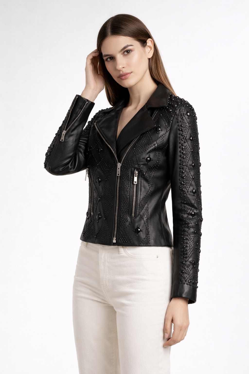 Women's Black Genuine Leather Tonal Full Studded Jacket - Slim Fit Luxury Biker Style - Luxurena Leather