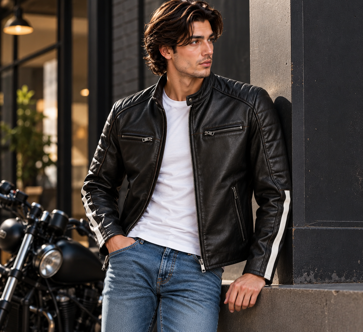Men's Genuine Black Leather Racer Jacket with Striped Sleeves