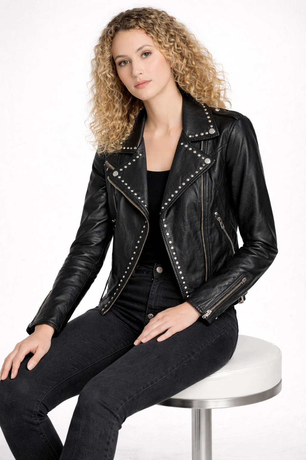 Women's Black Genuine Leather Studded Biker Jacket - Premium Slim Fit - Luxurena Leather