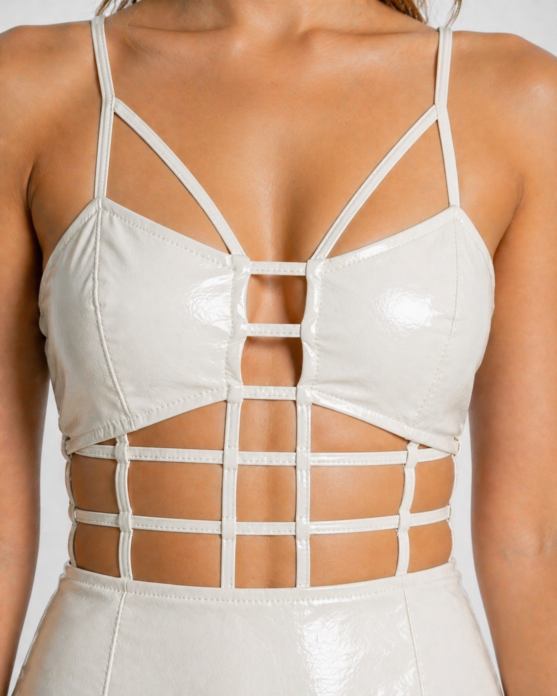 Women's White Genuine Leather Cutout Bodycon Mini Dress - Strappy Corset Style - Luxurena Leather