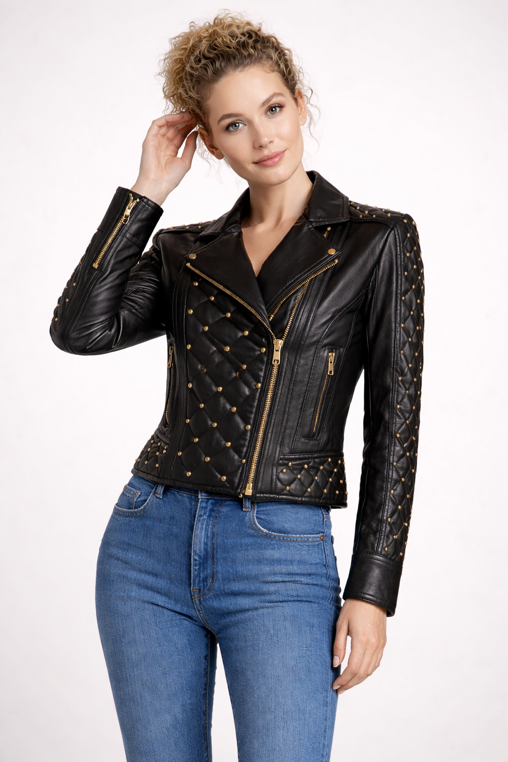 Women's Black Genuine Leather Quilted Gold Studded Brando Classic Jacket - Luxurena Leather