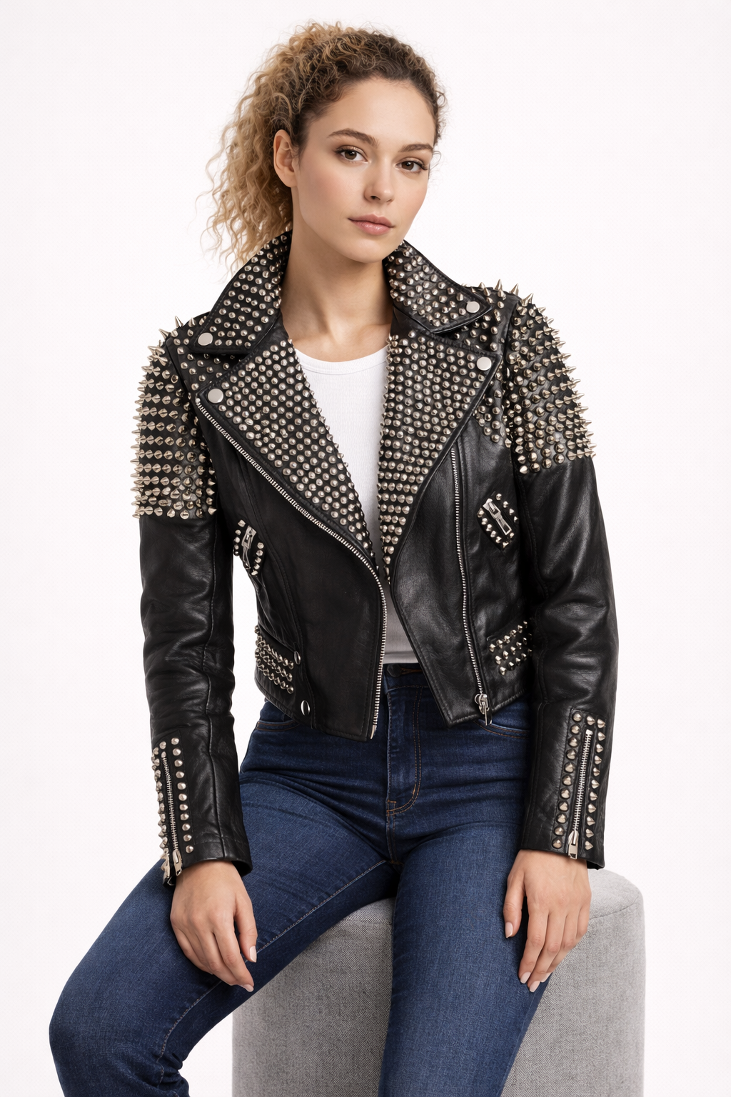Women's Black Genuine Leather Studded Spike Jacket - Premium Handmade Biker Style - Luxurena Leather