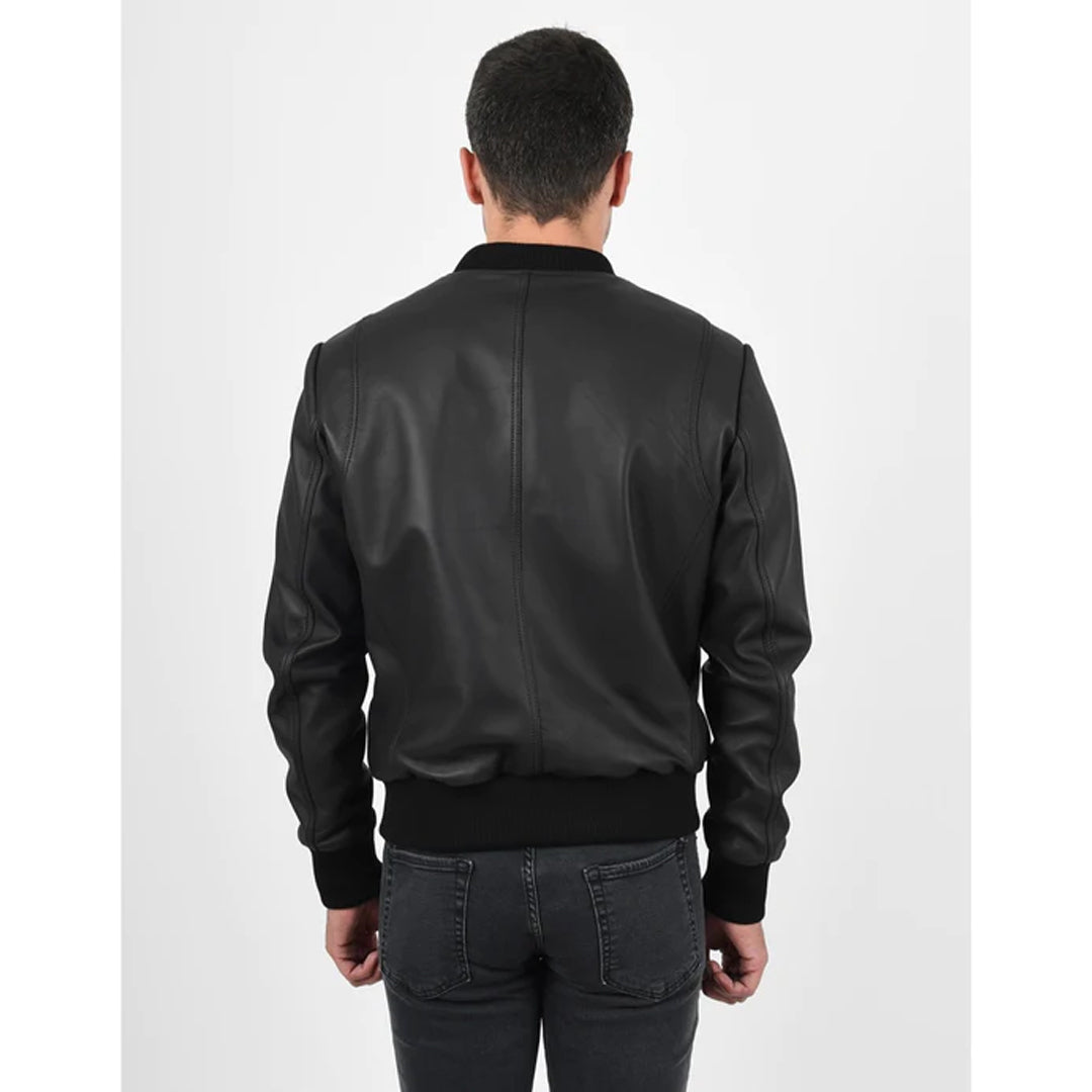 Men’s Bomber Black Leather Jacket - Luxurena Leather