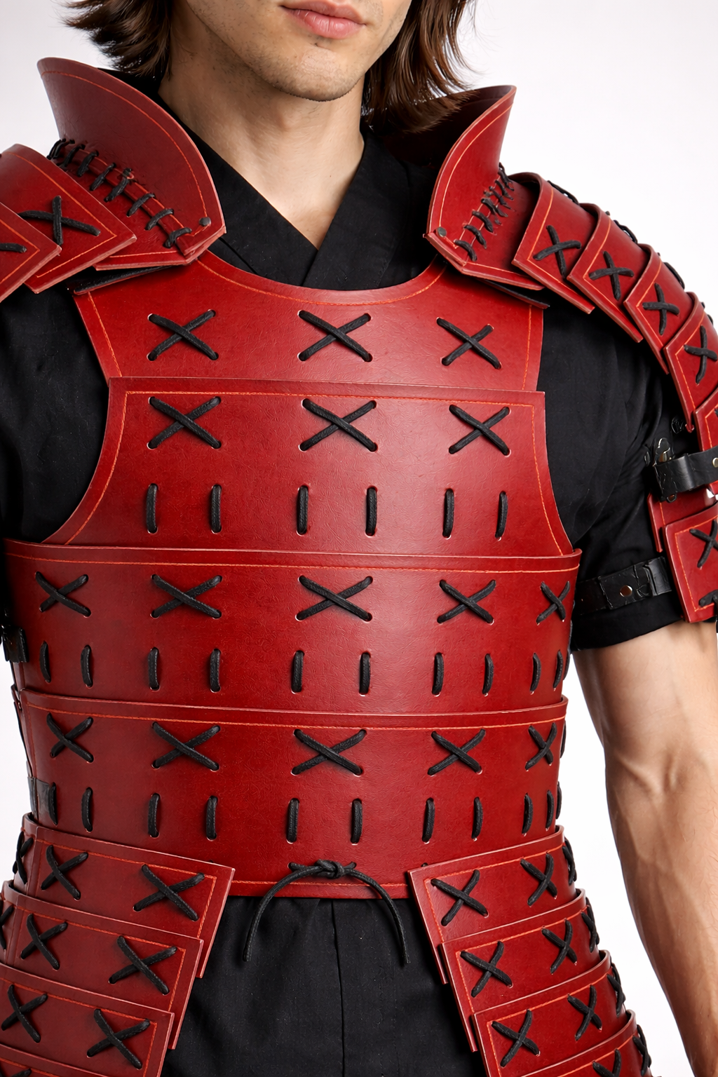Men's Genuine Leather Medieval Samurai Armor Red and White With Detachable Shoulder Pauldrons & Thigh Armor Tassets For Halloween Theme Cosplay Costume - Luxurena Leather