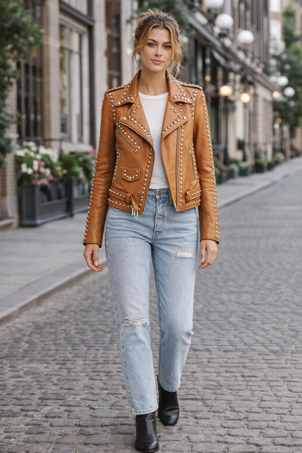 Women's Brown Genuine Leather Western Dome Studded Biker Jacket - Luxurena Leather