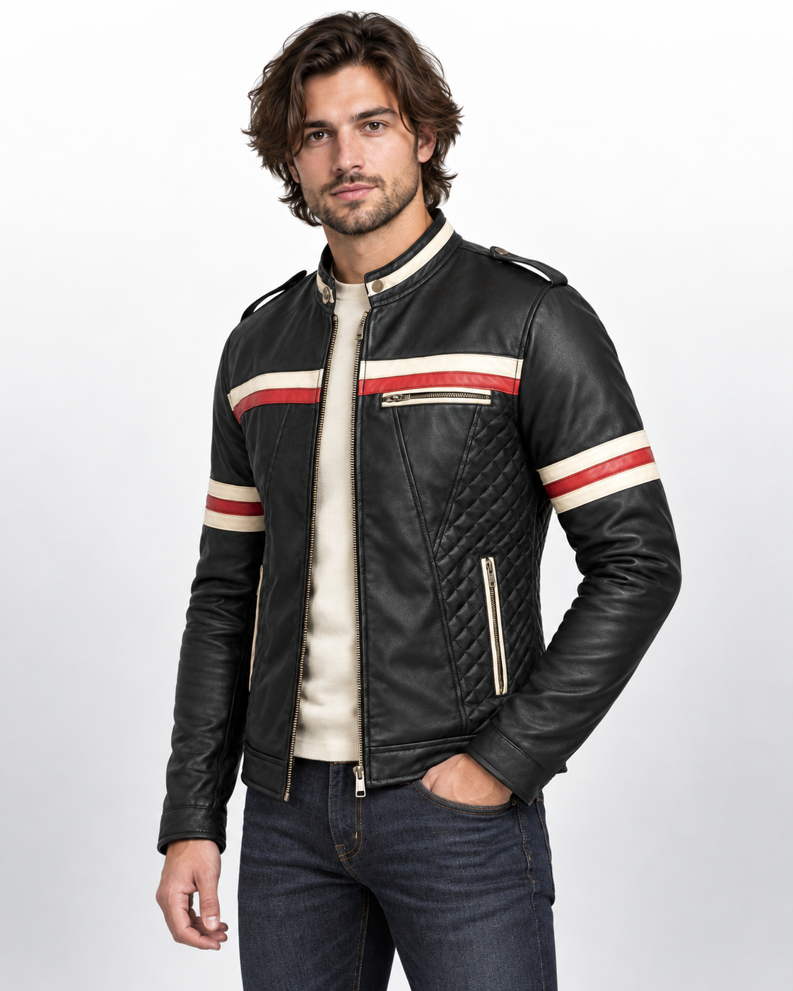 Men's Black Genuine Leather Cafe Racer Jacket with Red & White Stripes - Quilted Biker Motorcycle Jacket