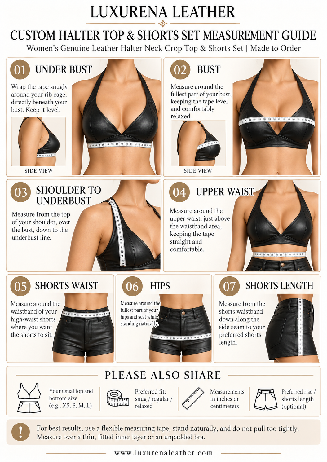 Women's Black Genuine Leather Halter Neck Crop Top & Shorts Set