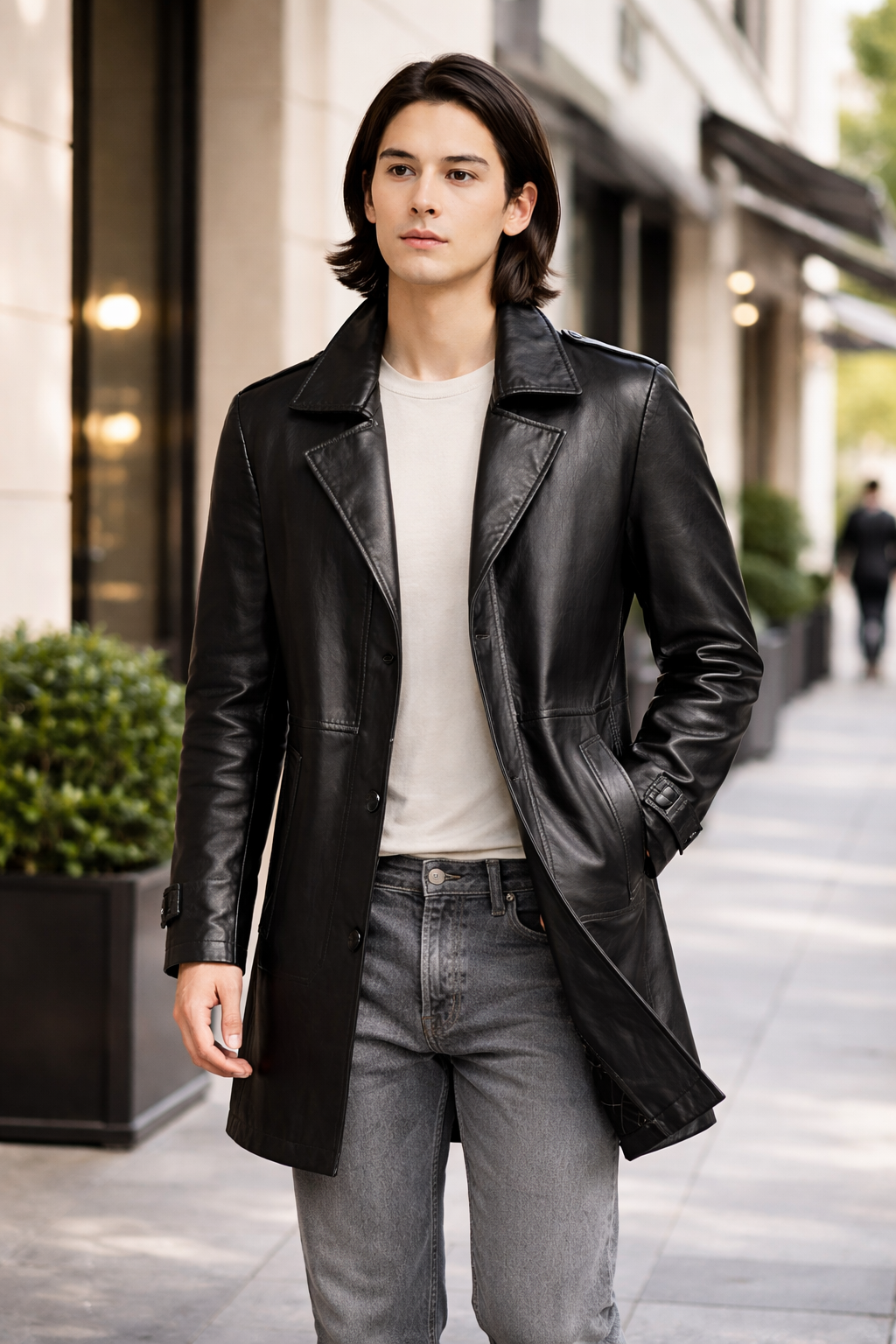 Men's Black Genuine Leather Mid-Length Coat - Classic Tailored Premium Leather Jacket - Luxurena Leather