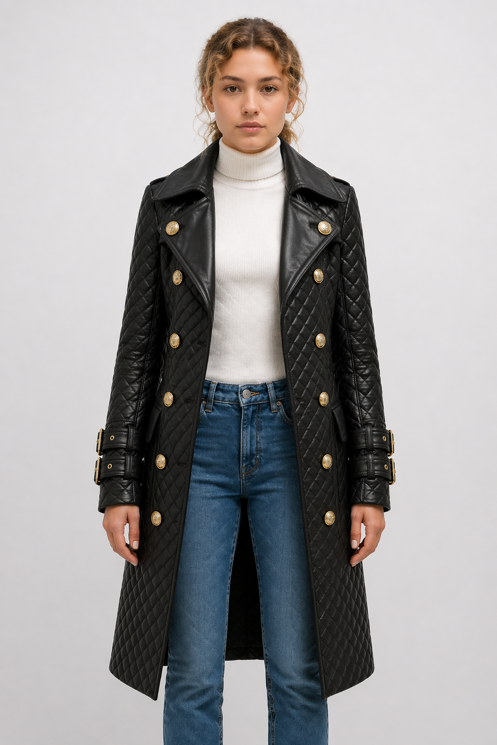 Women's Black Genuine Leather Quilted Double-Breasted Trench Coat - Belted Luxury Fit - Luxurena Leather