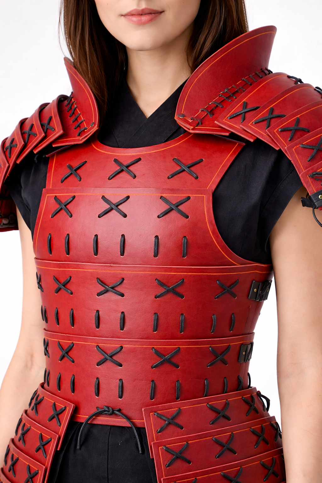 Women's Red & White Genuine Leather Samurai Armor Set - Detachable Pauldrons & Thigh Tassets Cosplay Costume