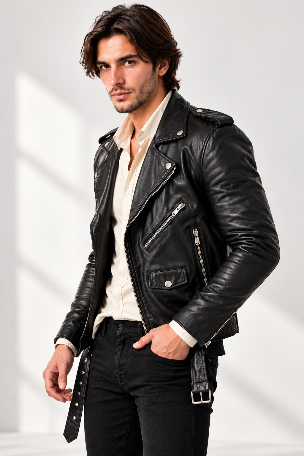 Men's Black Genuine Leather Biker Jacket with Belt - Classic Motorcycle Style