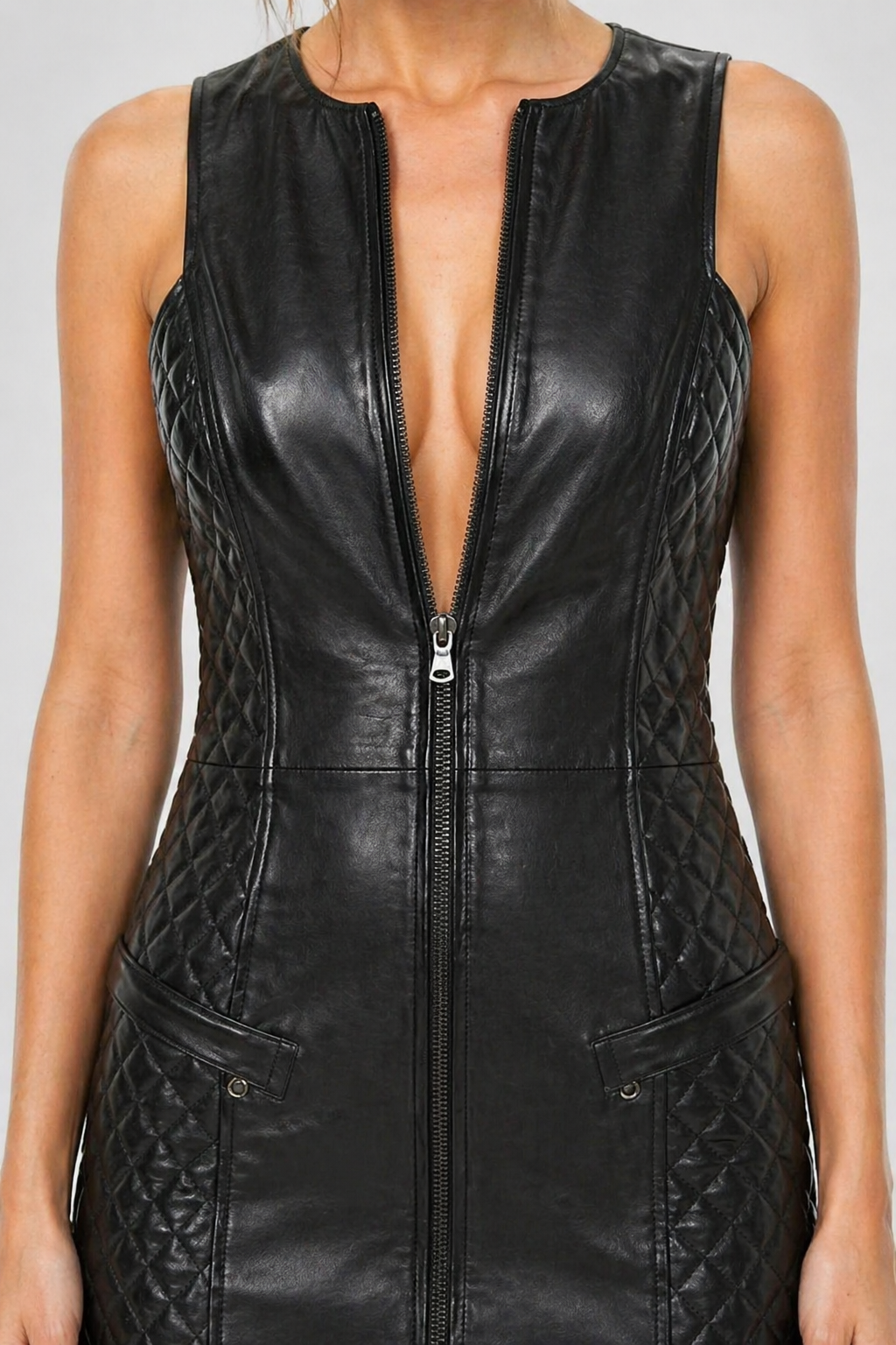 Women's Black Genuine Leather Quilted Zip-Front Sleeveless Mini Dress - Sculpted Bodycon Fit - Luxurena Leather