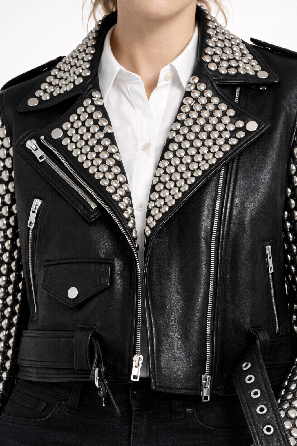 Women's Black Genuine Leather Studded Biker Jacket - Premium Silver Studded Luxury Fit - Luxurena Leather