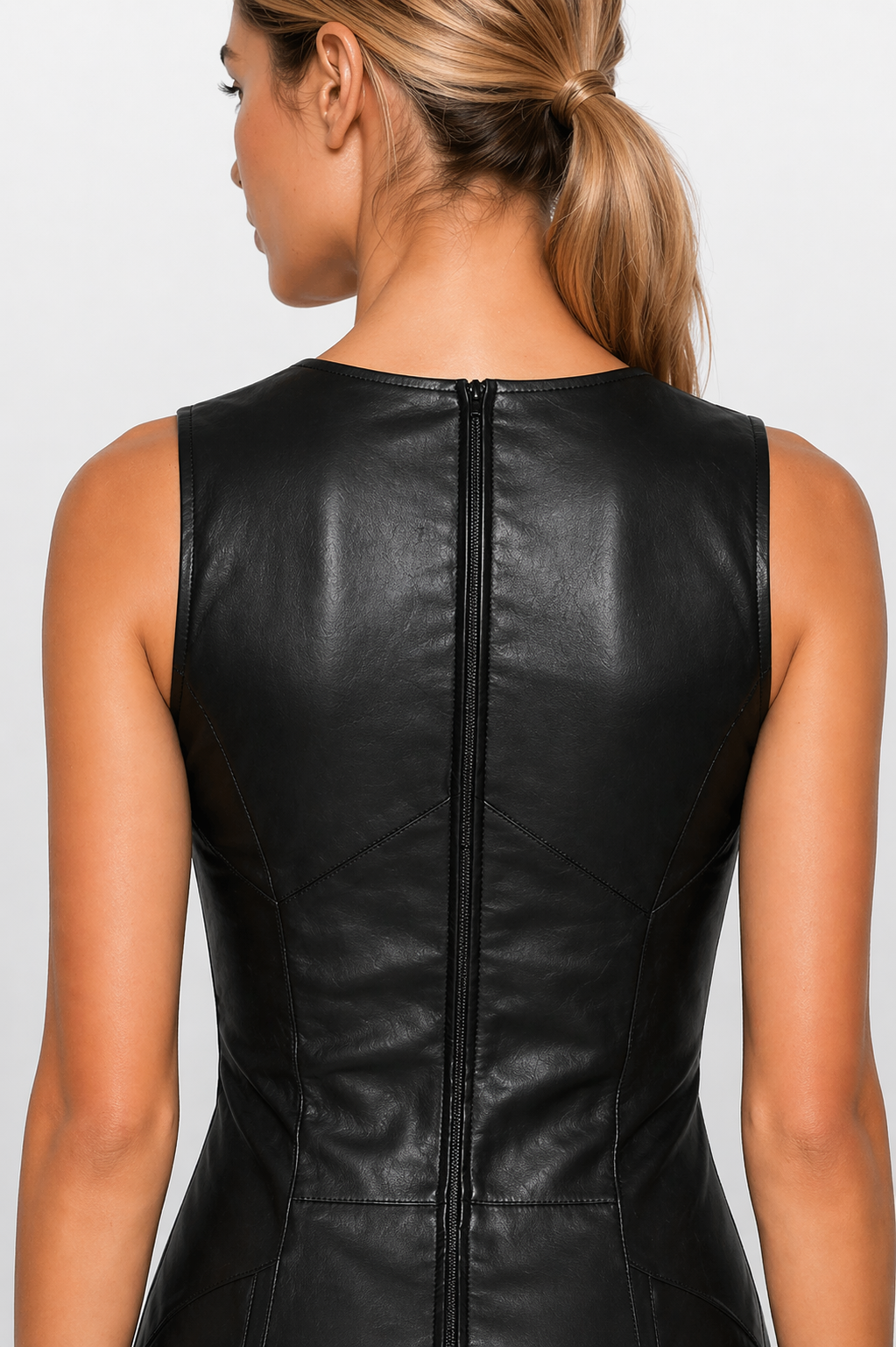 Women's Black Genuine Leather Sleeveless Bodycon Dress - Slim Fit Scoop Neck - Luxurena Leather