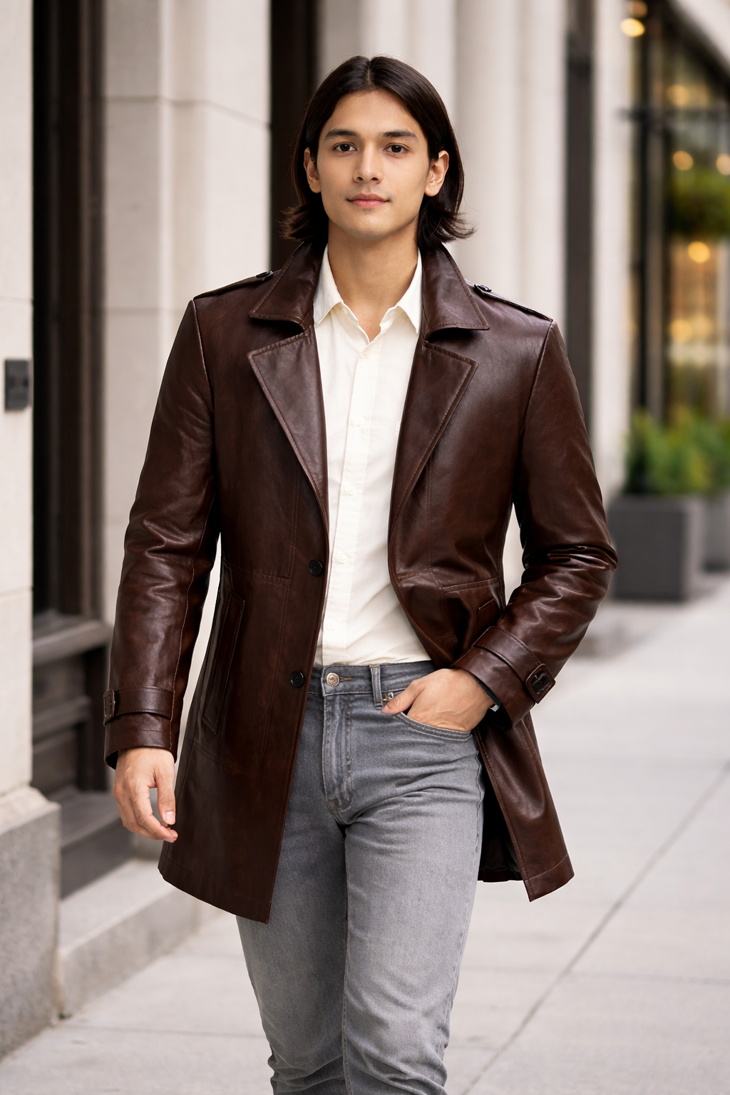 Men's Brown Genuine Leather Mid-Length Coat - Premium Tailored Fit Leather Jacket