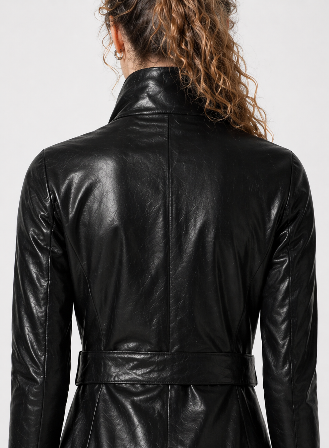 Women's Black Genuine Leather High Neck Belted Long Coat - Structured Fit - Luxurena Leather