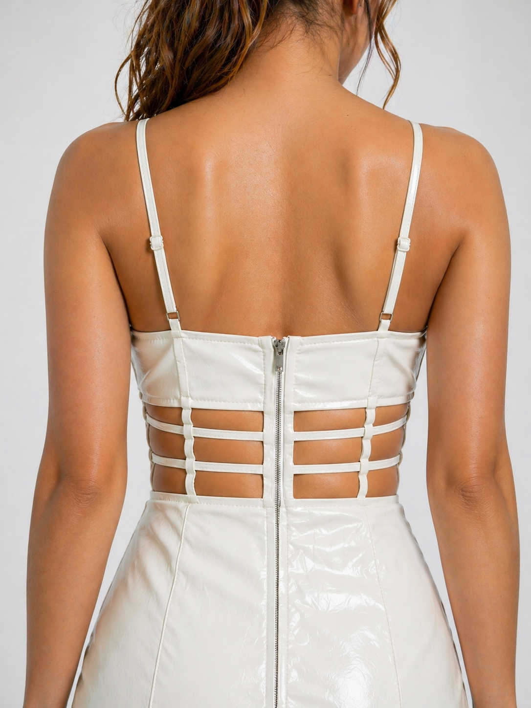 Women's White Genuine Leather Cutout Bodycon Mini Dress
