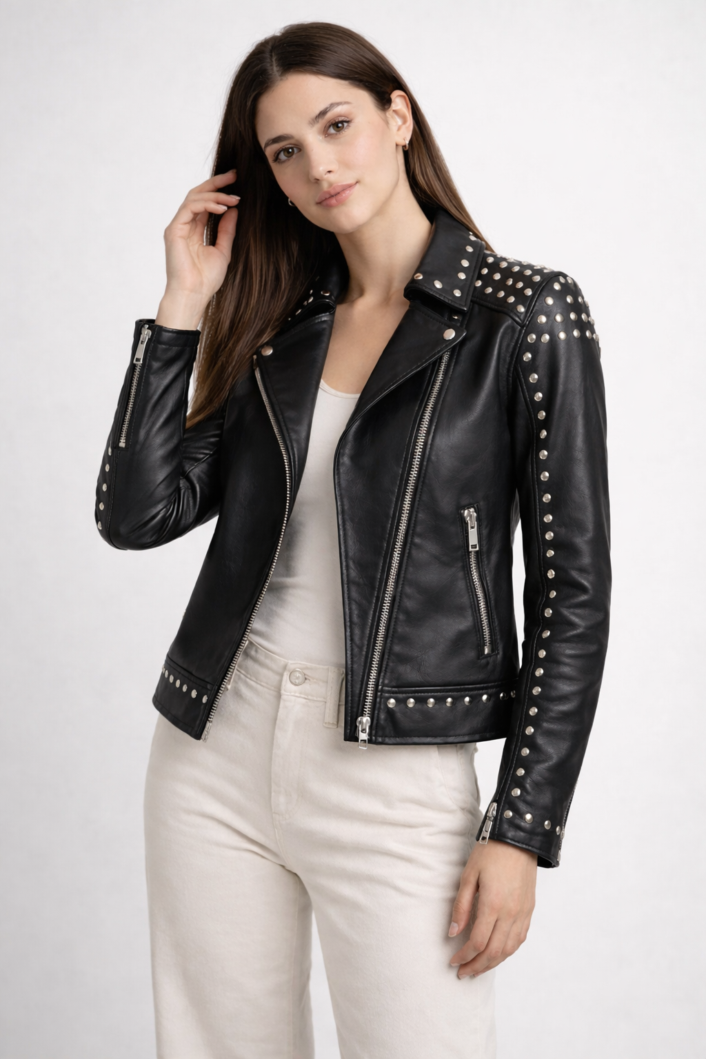 Women's Black Genuine Leather Studded Biker Jacket - Premium Slim Fit - Luxurena Leather