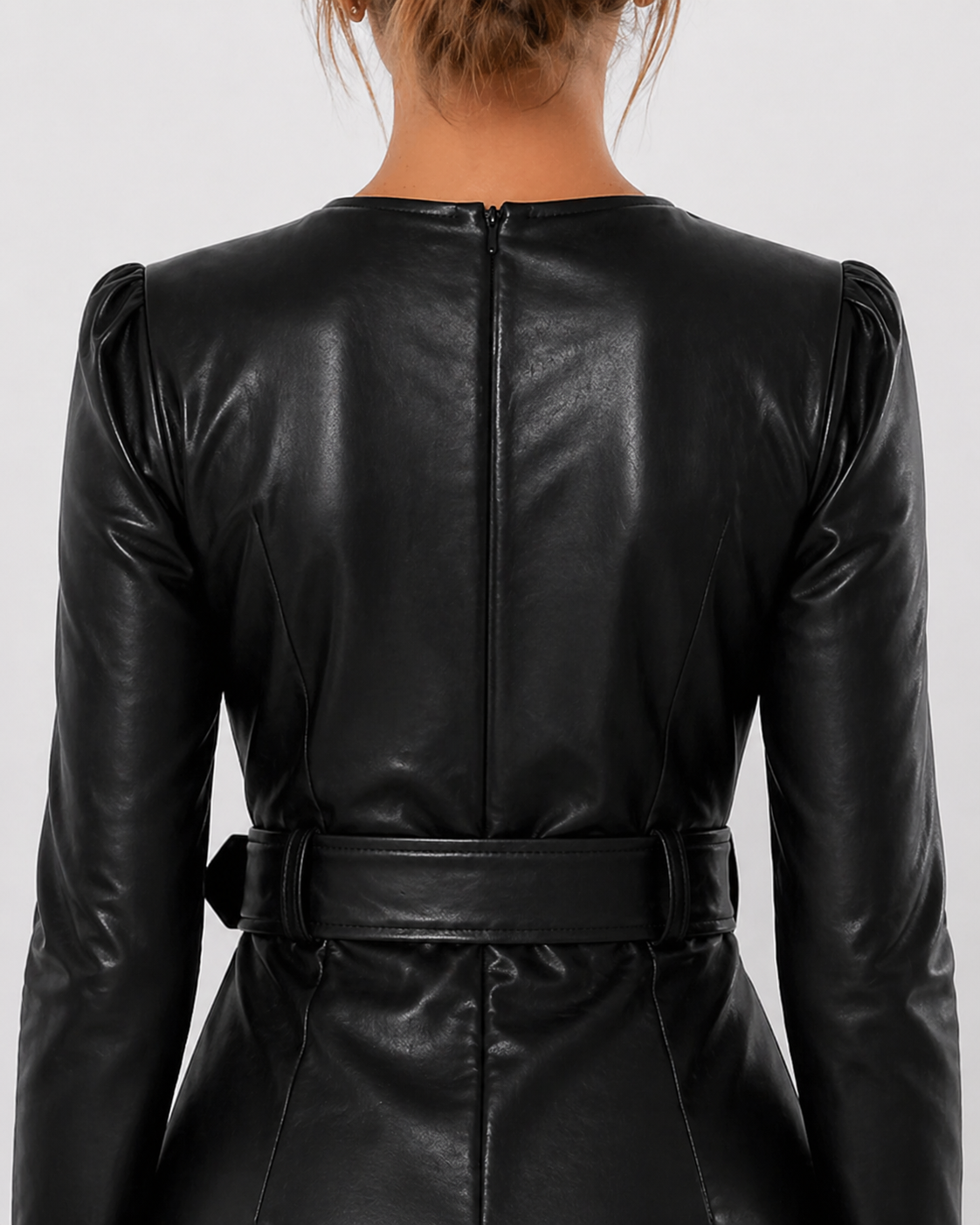 Women's Black Genuine Leather Bodycon Mini Dress with Belt - Round Neck, Long Sleeve - Luxurena Leather
