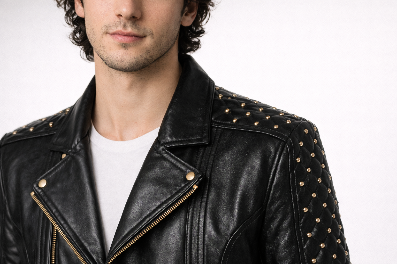 Men's Black Genuine Leather Quilted Gold Studded Brando Classic Jacket