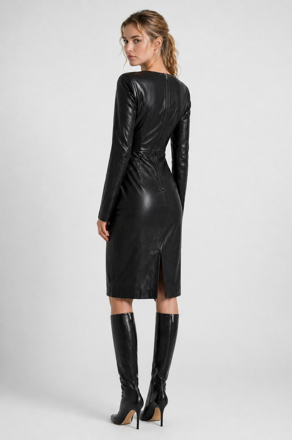 Women's Black Genuine Leather V-Neck Zippered Back Slit Midi Dress - Luxurena Leather