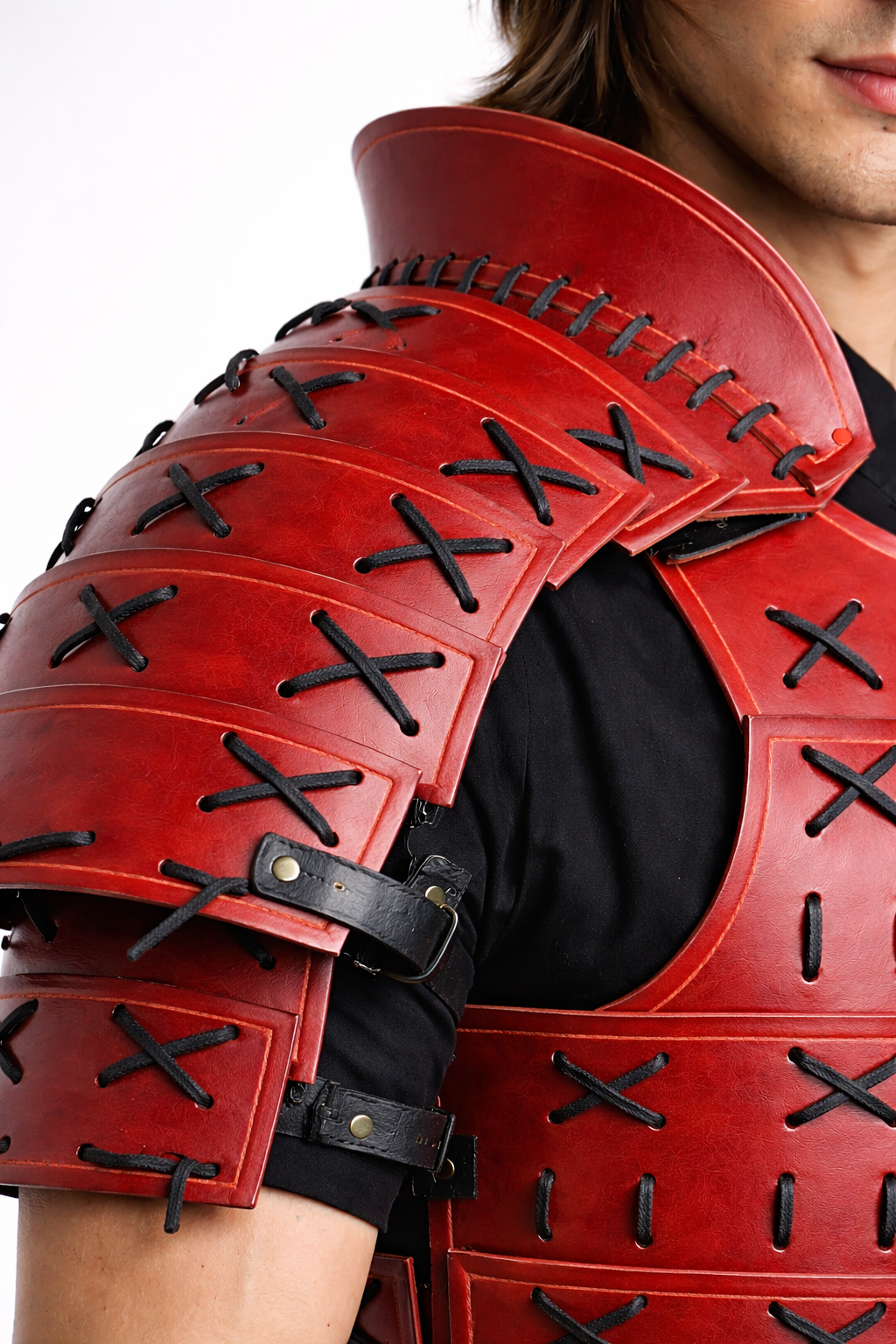Men's Genuine Leather Medieval Samurai Armor Red and White With Detachable Shoulder Pauldrons & Thigh Armor Tassets For Halloween Theme Cosplay Costume - Luxurena Leather