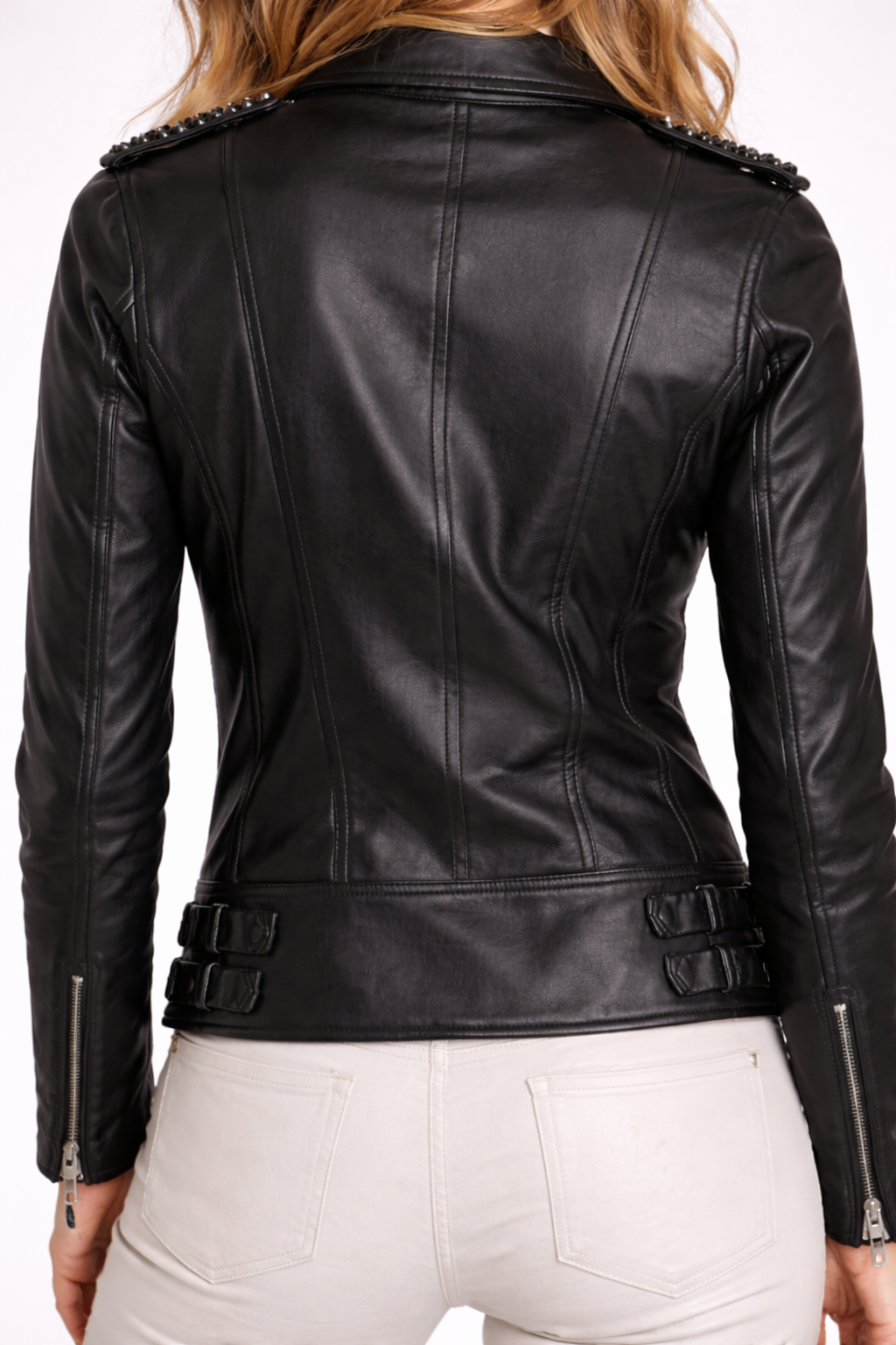 Women's Black Genuine Leather Tonal Studded Brando Jacket - Premium Slim Fit - Luxurena Leather