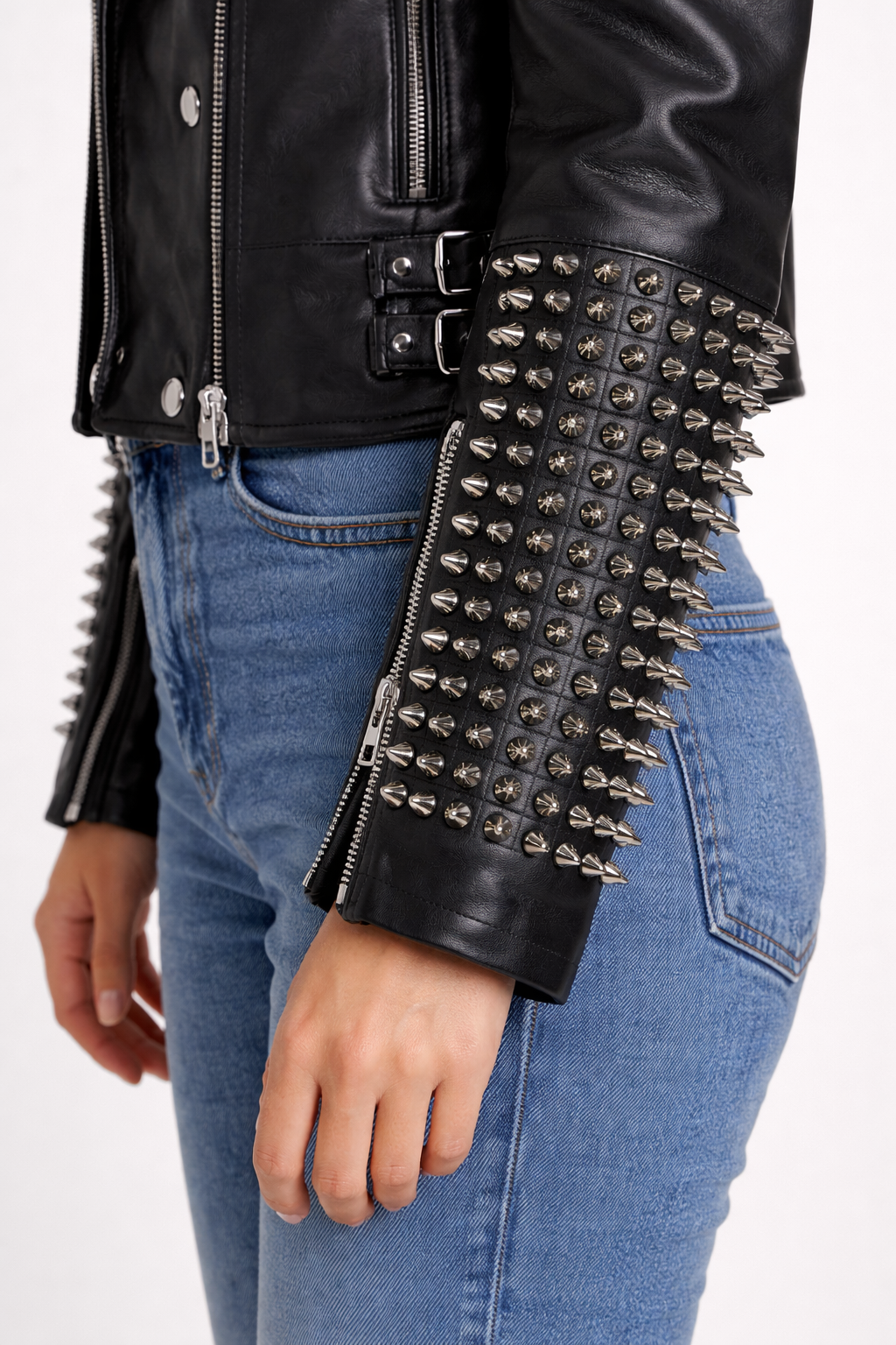 Women's Black Genuine Leather Spike Studded Cropped Jacket - Punk Style Clubwear