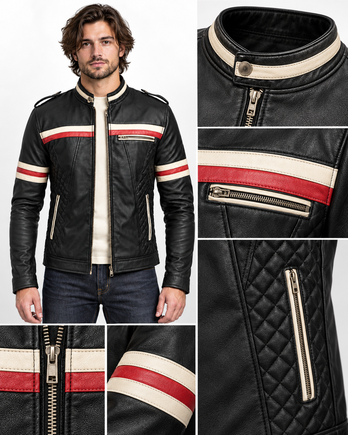 Men's Black Genuine Leather Cafe Racer Jacket with Red & White Stripes - Quilted Biker Motorcycle Jacket