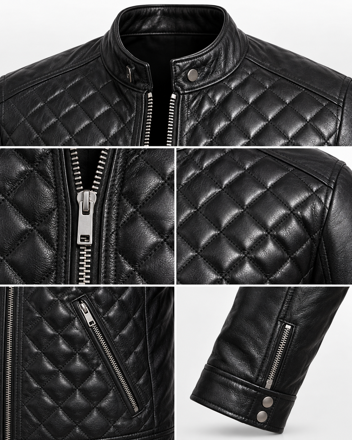 Men's Black Leather Cafe Racer Jacket - Quilted Motorcycle Bomber