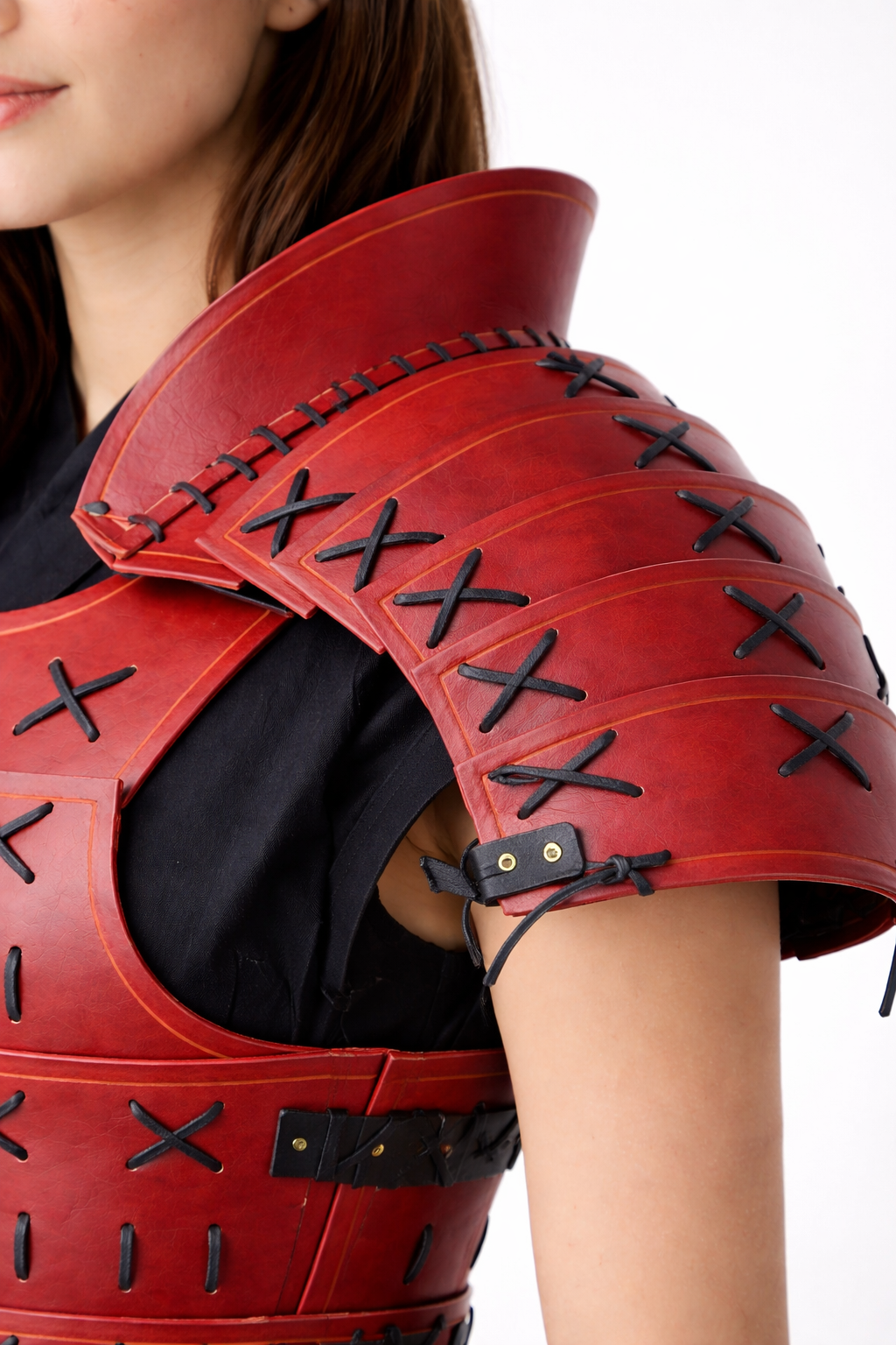 Women's Red & White Genuine Leather Samurai Armor Set - Detachable Pauldrons & Thigh Tassets Cosplay Costume