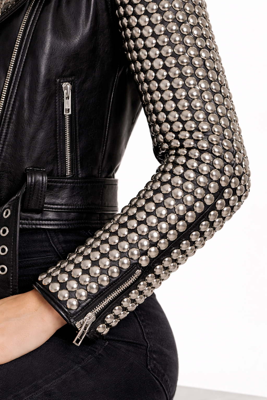 Women's Black Genuine Leather Studded Biker Jacket - Premium Silver Studded Luxury Fit - Luxurena Leather