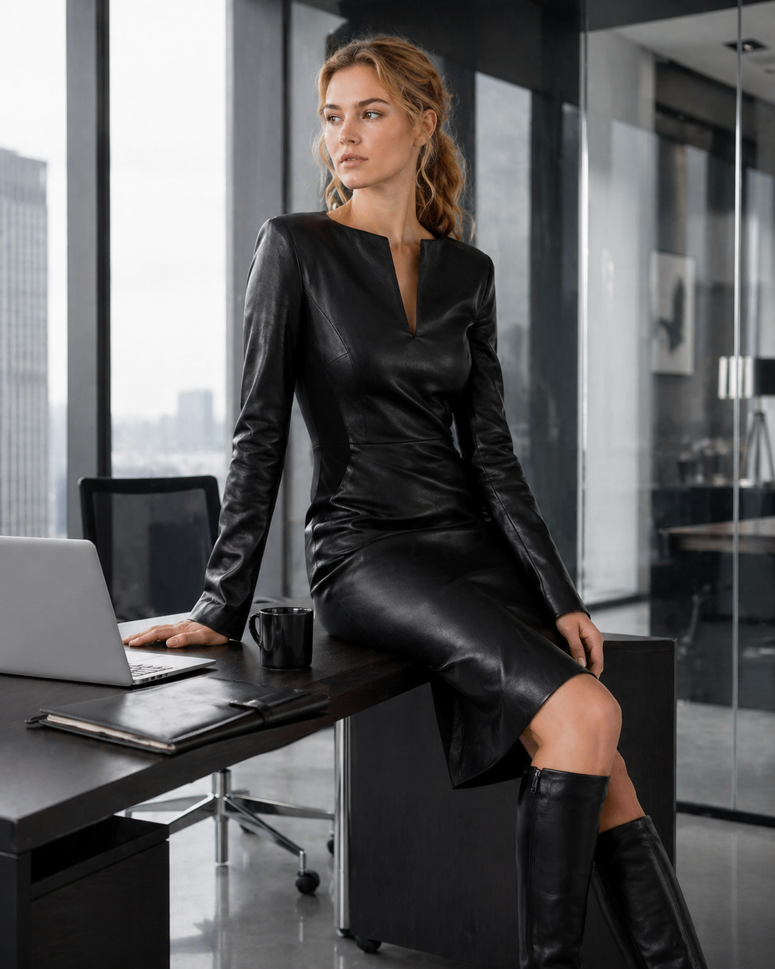 Women's Black Genuine Leather V-Neck Zippered Back Slit Midi Dress - Luxurena Leather