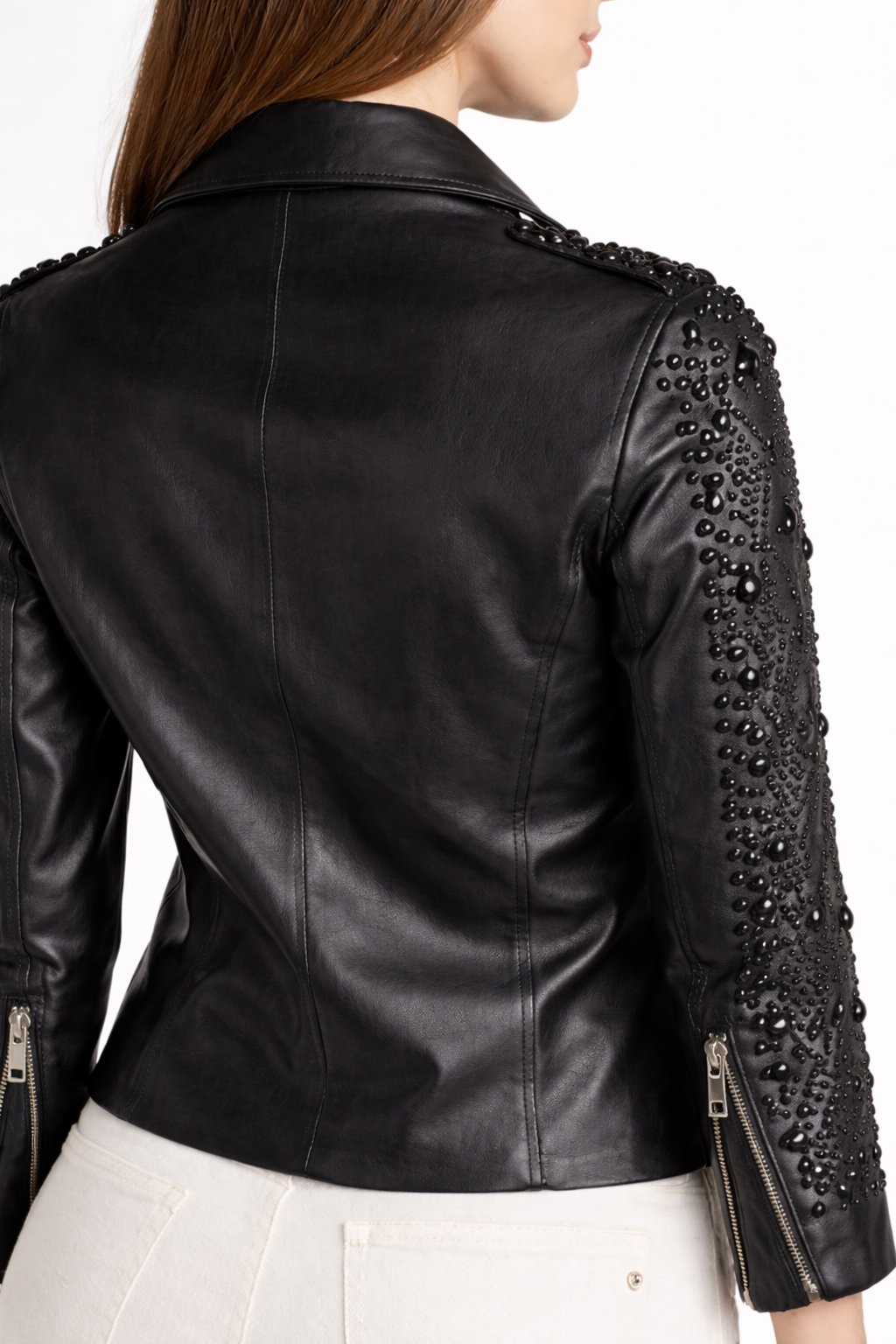 Women's Black Genuine Leather Tonal Full Studded Jacket - Slim Fit Luxury Biker Style - Luxurena Leather
