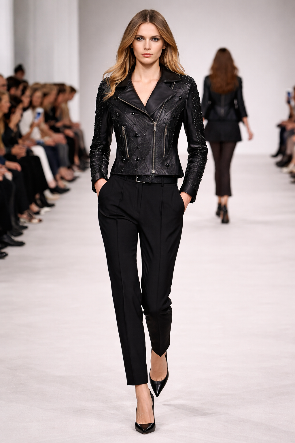 Women's Black Genuine Leather Tonal Full Studded Jacket - Slim Fit Luxury Biker Style - Luxurena Leather
