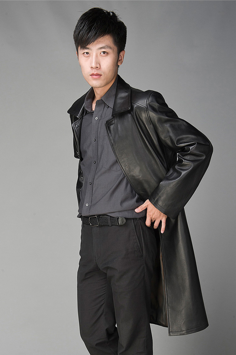 Men's Long Black Leather Trench Coat