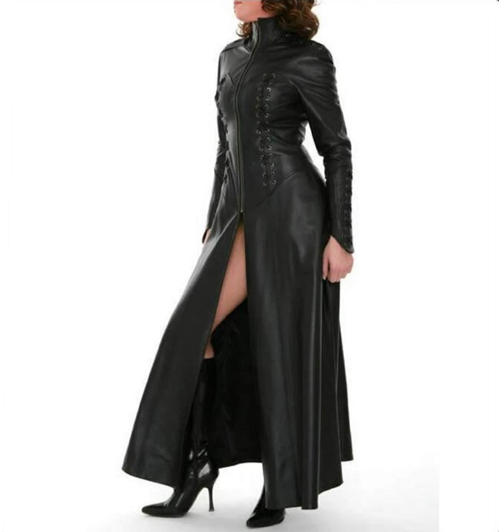 Women's Matrix Black Leather Long Trench Coat - Luxurena Leather