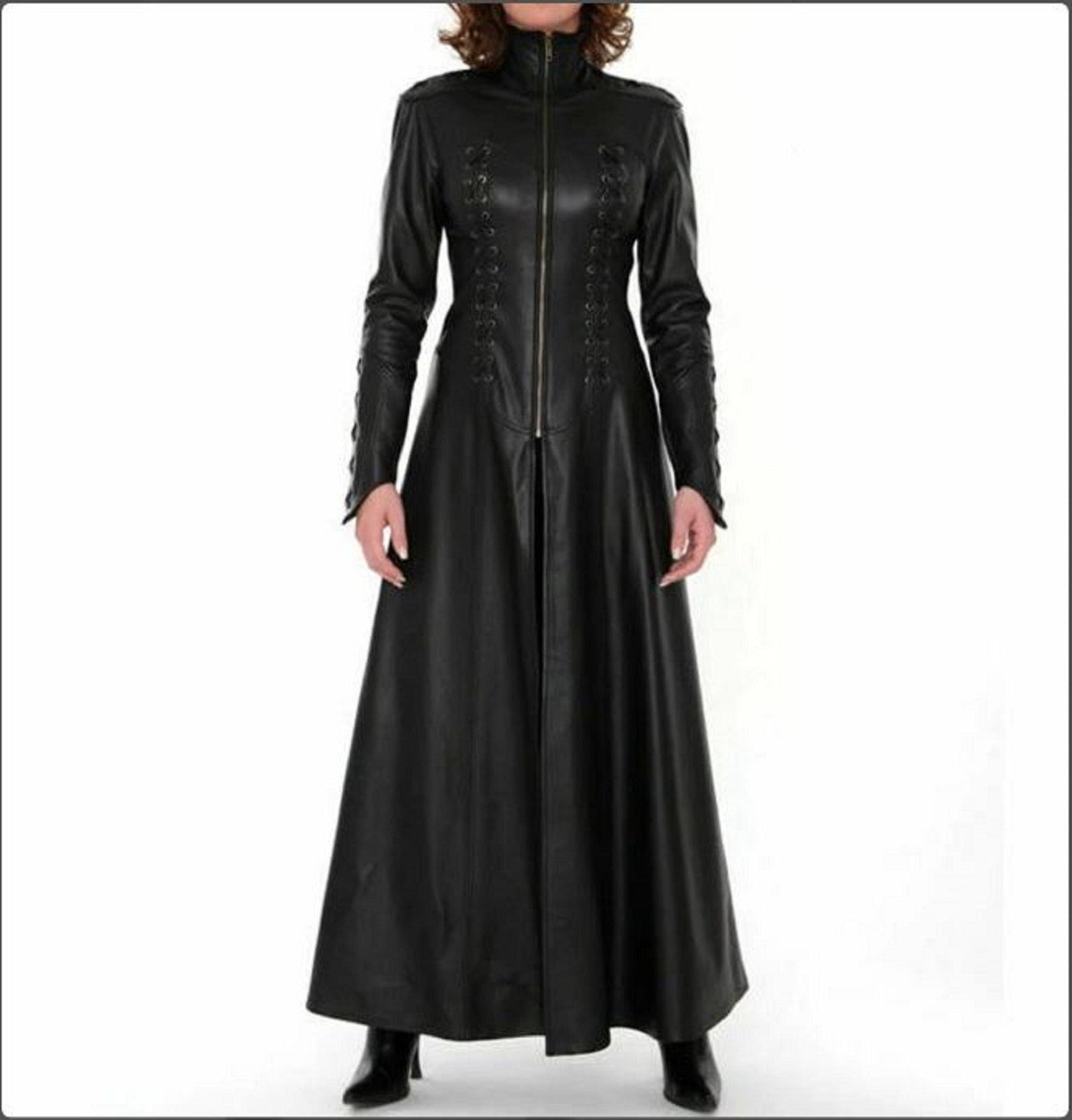 Women's Matrix Black Leather Long Trench Coat - Luxurena Leather