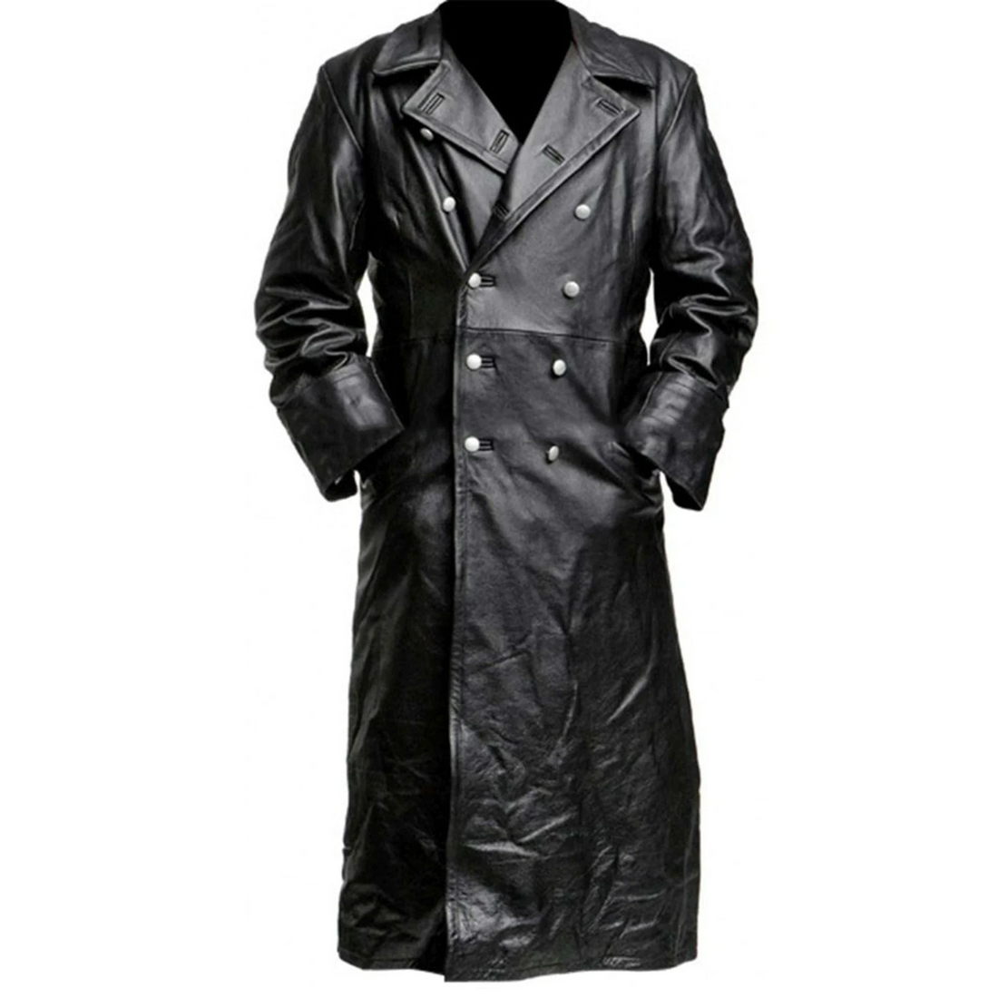 Men's Classic German Military Officer Black Leather Trench Coat - Luxurena Leather