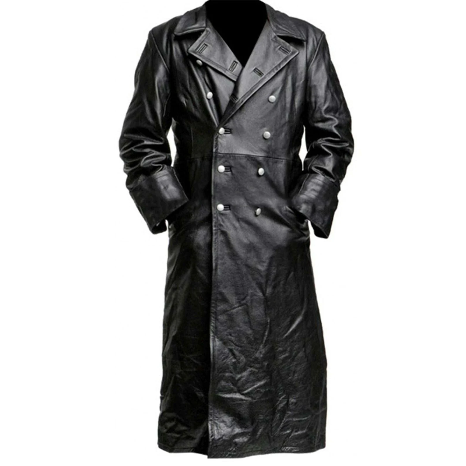 Men's Classic German Military Officer Black Leather Trench Coat - Luxurena Leather