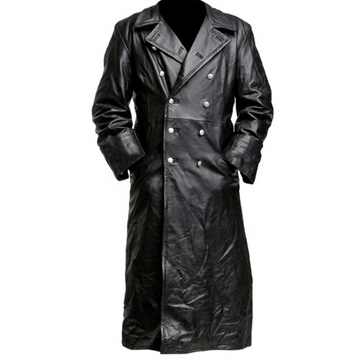 Men's Classic German Military Officer Black Leather Trench Coat - Luxurena Leather