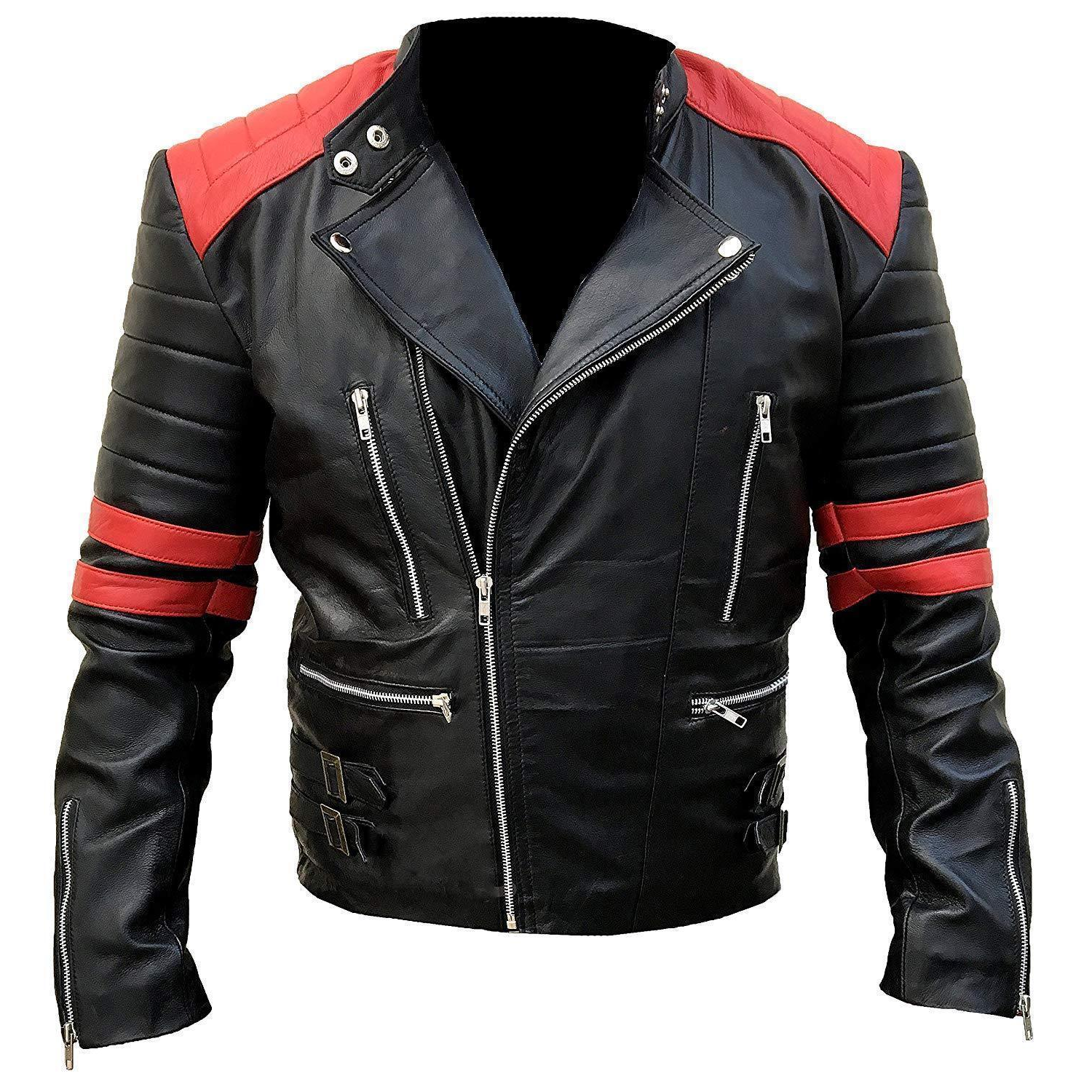 Men's Vintage Brando Red Strip Black Leather Jacket - Luxurena Leather