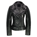 Women's Biker Brando Style Belted Studded Black Leather Jacket - Luxurena Leather