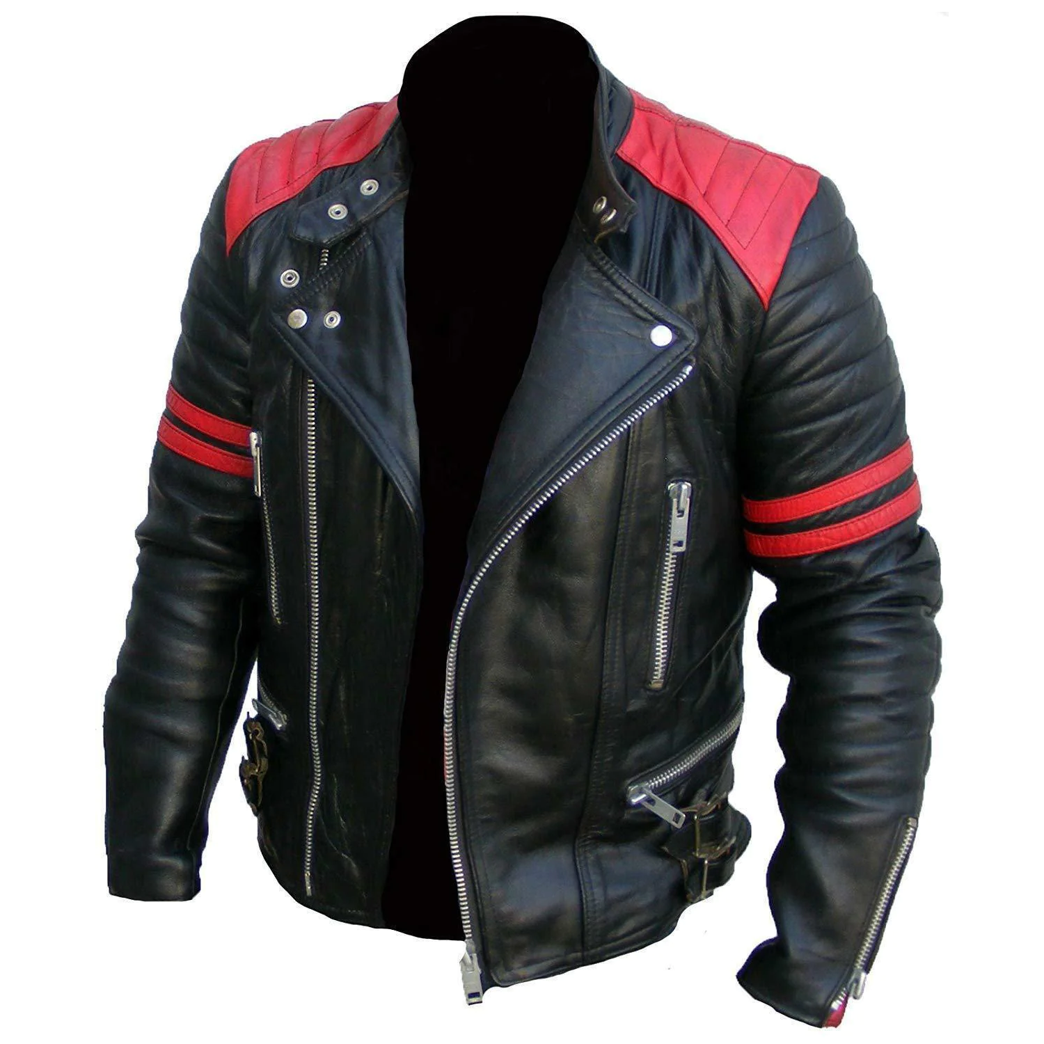 Men's Vintage Brando Red Strip Black Leather Jacket - Luxurena Leather